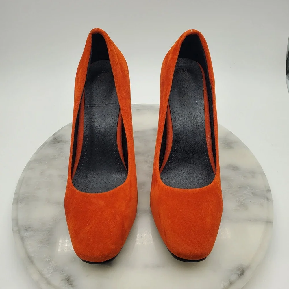 Vibrant Orange Suede Block Heel Pumps Round Toe Chunky High Heels Women Sz 6.5-7